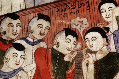 Tupakoinnin ystävät, yksityiskohta Wat Phuminin seinämaalauksesta (seinämaalaus) tekijältä Thai School