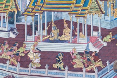 Seinämaalaus, joka kuvaa kohtauksia Ramayanasta Wat Phra Kaeossa, Kuninkaallisesta palatsista, Bangkokista, Thaimaasta tekijältä Thai School