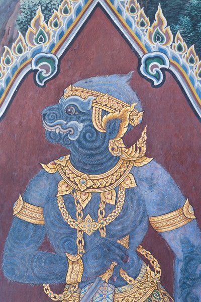 Seinämaalaus, joka kuvaa kohtauksia Ramayanasta Wat Phra Kaeossa, Kuninkaallisesta palatsista, Bangkokista, Thaimaasta tekijältä Thai School