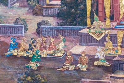 Seinämaalaus, joka kuvaa kohtauksia Ramayanasta Wat Phra Kaeossa, Kuninkaallisesta palatsista, Bangkokista, Thaimaasta tekijältä Thai School