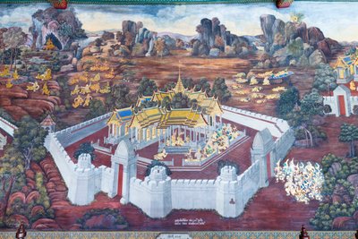 Seinämaalaus, joka kuvaa kohtauksia Ramayanasta Wat Phra Kaeossa, Kuninkaallisesta palatsista, Bangkokista, Thaimaasta tekijältä Thai School