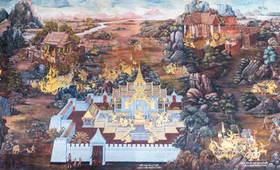 Seinämaalaus, joka kuvaa kohtauksia Ramayanasta Wat Phra Kaeossa, Kuninkaallisesta palatsista, Bangkokista, Thaimaasta tekijältä Thai School