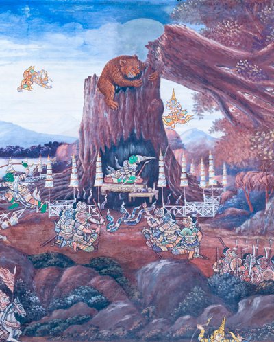 ਵਾਟ ਫਰਾ ਕੇਓ, ਰਾਇਲ ਗ੍ਰੈਂਡ ਪੈਲੇਸ, ਬੈਂਕਾਕ, ਥਾਈਲੈਂਡਫਿਨਿਸ਼ ਵਿਖੇ ਰਾਮਾਇਣ ਦੇ ਦ੍ਰਿਸ਼ਾਂ ਨੂੰ ਦਰਸਾਉਂਦੀ ਮੂਰਲ tekijältä Thai School