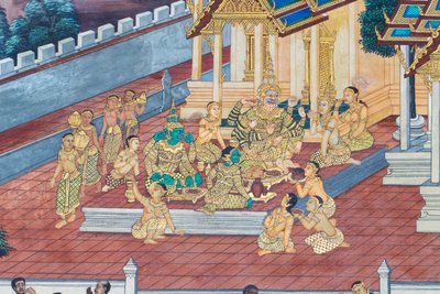 Seinämaalaus, joka kuvaa kohtauksia Ramayanasta Wat Phra Kaeossa, Kuninkaallisesta palatsista, Bangkokista, Thaimaasta tekijältä Thai School