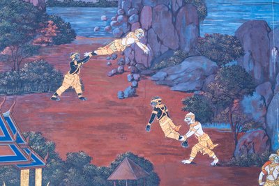 Seinämaalaus, joka kuvaa kohtauksia Ramayanasta Wat Phra Kaeossa, Kuninkaallisesta palatsista, Bangkokista, Thaimaasta tekijältä Thai School