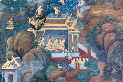 Mural ilustrând scene din Ramayana la Wat Phra Kaeo, Marele Palat Regal, Bangkok, Thailanda finlandeză tekijältä Thai School