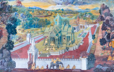 Seinämaalaus, joka kuvaa kohtauksia Ramayanasta Wat Phra Kaeossa, Kuninkaallisesta palatsista, Bangkokista, Thaimaasta tekijältä Thai School