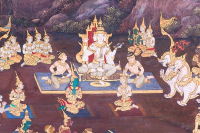 Seinämaalaus, joka kuvaa kohtauksia Ramayanasta Wat Phra Kaeossa, Kuninkaallisesta palatsista, Bangkokista, Thaimaasta tekijältä Thai School