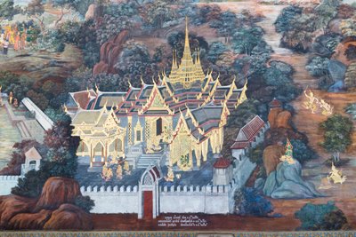 Seinämaalaus, joka kuvaa kohtauksia Ramayanasta Wat Phra Kaeossa, Kuninkaallisesta palatsista, Bangkokista, Thaimaasta tekijältä Thai School