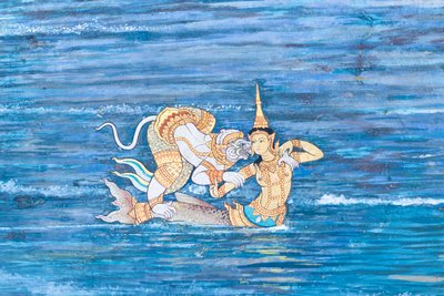 Seinämaalaus, joka kuvaa kohtauksia Ramayanasta Wat Phra Kaeossa, Kuninkaallisesta palatsista, Bangkokista, Thaimaasta tekijältä Thai School