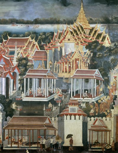 Smaragdibuddhan temppelin munkeille tehdyt uhrit, 1864 (seinämaalaus) tekijältä Thai School