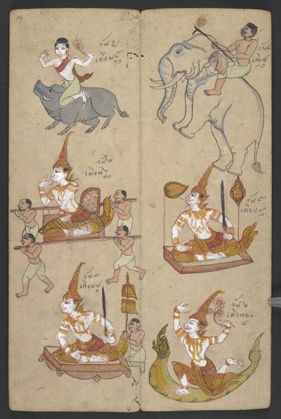 Tai 16455 f.14r, Animals from the Zodiac, from Phrommachat (pergamentti) tekijältä Thai School