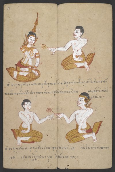 Tai 16455 f.18r, onnekas ja epäonninen parien yhdistelmä, Phrommachat (pergamentti) tekijältä Thai School