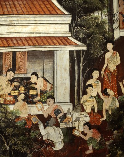 Palatsin naiset ostavat koruja ja peilejä muslimikauppiailta, Rattanakosin tyyliin (seinämaalaus) tekijältä Thai School