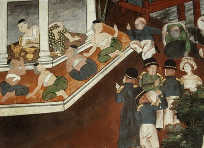Palatsinrouva vastaanottamassa muslimikauppiaita ja länsimaisia merimiehiä, Rattanakosin koulu (seinämaalaus) tekijältä Thai School