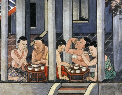 Ihmiset syömässä matalissa pyöreissä pöydissä nimeltä Kantoke, 1800-luvun puoliväli (seinämaalaus) tekijältä Thai School