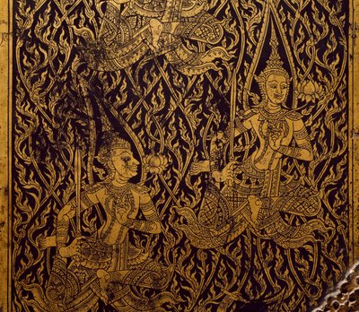 Vaatekaappi sutralle, veistetty ja lakattu puu, Bangkokista, Thaimaasta, Yksityiskohta, Thaimaan sivilisaatio, 1800-luvun alku tekijältä Thai School