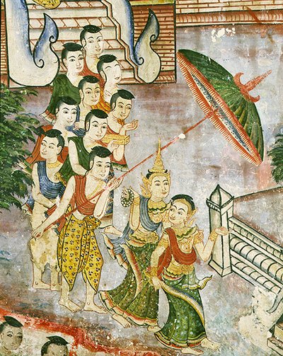 Wiharn Laikarn, jakso Jataka Sang Thongista (fresko) tekijältä Thai School