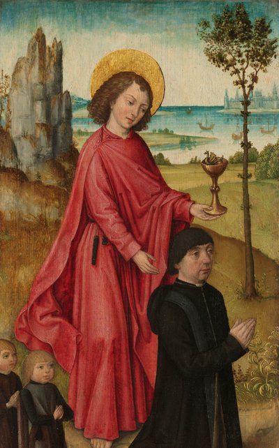 Luovuttaja ja hänen kaksi poikaansa evankelista Pyhän Johannes, triptyykin vasemman sisäsiipi tekijältä The (Bruges) Master of the Legend of Saint Ursula (workshop of)