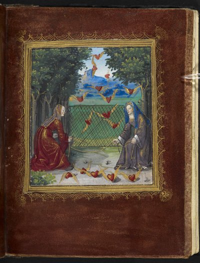 Stowe 955 f.13r Neitsyt ja siivekkäät sydämet, pienoiskuva "Petit Livre d