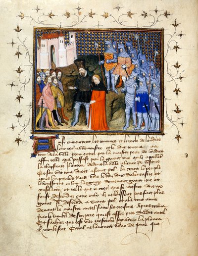 (Koko folio) Kuningas Richard II, jota Henry Bolingbroke johti Lontooseen, luopuu valtaistuimesta; koristeltu reunus tekstillä alla. tekijältä The Virgil Master