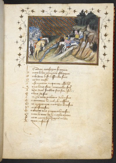 Irlantilainen päällikkö MacMorogh lähestyy Gloucesterin herttua, MS Harley 1319, f.9r. tekijältä The Virgil Master