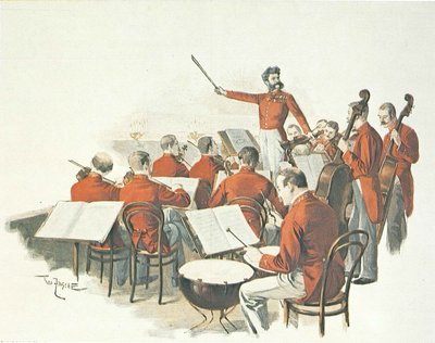 Itävaltalainen säveltäjä Johann Strauss II ja hänen musiikkiyhtyeensä hovipallossa. tekijältä Theo Zasche