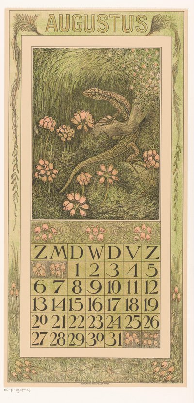 Elokuun kalenterisivu liskolla ja kanervalla Kalenteri 1911 12 litografiaa Th. v. Hoytema (sarjan nimi) tekijältä Theo van Hoytema