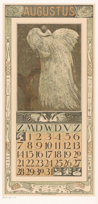 Elokuun kalenterisivu, jossa valkoinen riikinkukko Kalenteri 1910 12 litografiaa Th. v. Hoytema (sarjan nimi) tekijältä Theo van Hoytema