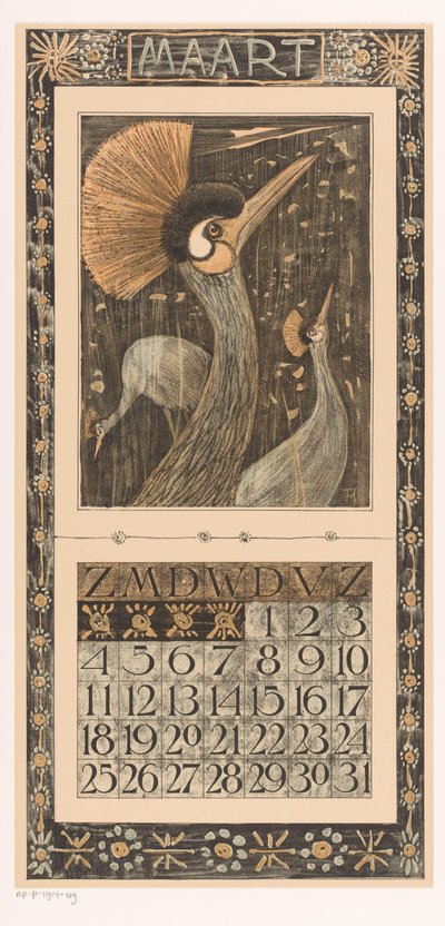 Maaliskuun kalenteriarkki kruununostureilla Kalenteri 1906 12 litografia Th. v. Hoytema (sarjan nimi) tekijältä Theo van Hoytema