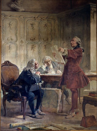 Luonnontieteilijä ja Jardin du roi Georges-Louis Leclercin intendantti, Buffonin kreivi (1707-1788) lukee luonnonhistoriallisen sopimuksensa ensimmäiset lehdet kasvitieteilijä Bernard de Jussieun (1699-1777) ja luonnontieteilijä Edme-Louisin edessä. Dauben tekijältä Theobald Chartran
