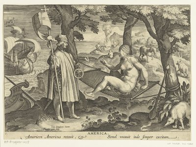 Amerigo Vespucci astuu Amerikkaan Amerikka. Amerikka Amerikan reexit. Semel vocauit inde semper excitam (otsikko esineessä) Uusia keksintöjä ja löytöjä (sarjan nimi) Nova Reperta (sarjan nimi) tekijältä Theodoor Galle