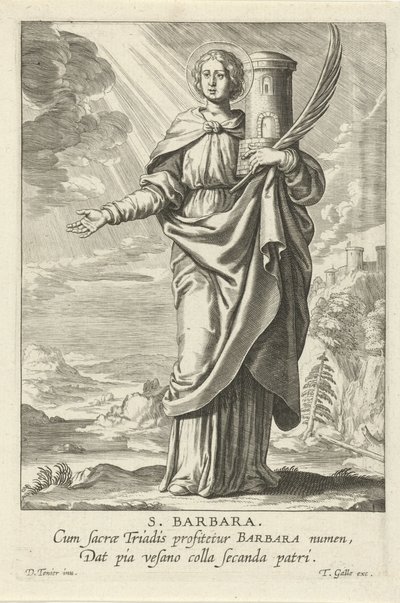 Pyhä Barbara St. Barbara (otsikko esineessä) Feminine heiligen (sarjan nimi) Mirror Illuminated Virgin (sarjan nimi) tekijältä Theodoor Galle