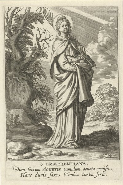 Heilige Emerentiana van Rome St. Emmerantiana (otsikko esineessä) Feminine heiligen (sarjan nimi) Mirror Illuminated Virgin (sarjan nimi) tekijältä Theodoor Galle
