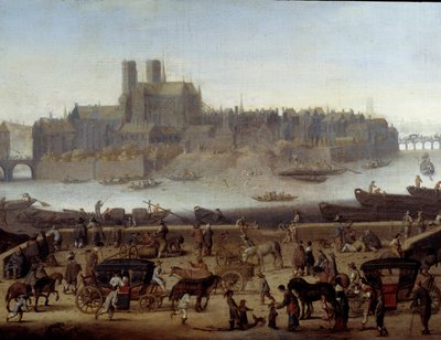 Laituri ja Tournellen silta Pariisissa Yksityiskohdat. Näkymä telakoille ja La Citen saarelle. Theodor Mathamin (1606-1676) maalaus 1646 Pariisi, Carnavalet-museo tekijältä Theodor (attr. to) Matham