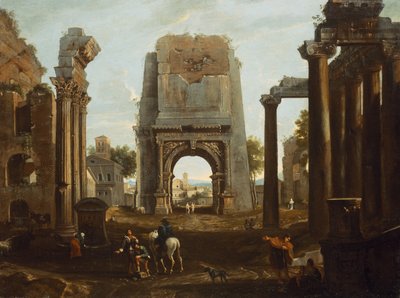 Roomalaisten raunioiden capriccio, jossa on Tituksen kaari ja hahmot (öljy) tekijältä Theodor (circle of) Helmbreker