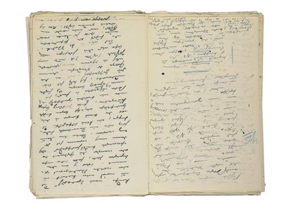 Nimikirjoituskäsikirjoitusluonnokset Berliinin elämää ja yhteiskuntaa koskeviin artikkeleihin sekä katkelma romaanin luonnoksesta, n. 1878-1894 (kynä ja muste paperille) tekijältä Theodor Fontane