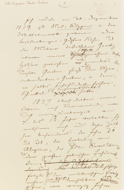 Sivu Fontanen omaelämäkerrasta (kynä ja muste paperille) tekijältä Theodor Fontane