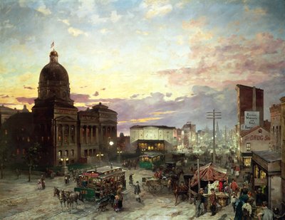 Washington Street, Indianapolis hämärässä (öljy kankaalle) tekijältä Theodor Groll