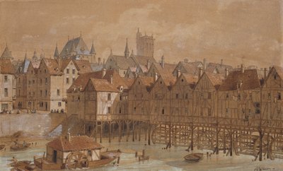 Grand Chatelet ja Pont aux Meuniers (kynä, muste ja wc paperilla) tekijältä Theodor Josef Hubert Hoffbauer