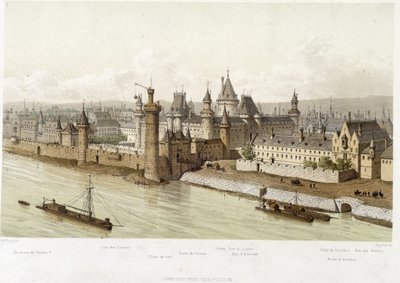 Louvre Kaarle V:n aikaan (noin 1380) - Hoffbauerin teoksessa "Pariisi 1200-luvulta nykypäivään", toim. Firmin Didot & Cie tekijältä Theodor Josef Hubert Hoffbauer