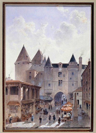 Näkymä Grand Chatelet -kadulle Rue Saint Denisiltä Pariisissa, Theodor Josephin vesiväri tekijältä Theodor Josef Hubert Hoffbauer