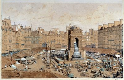 Näkymä Marche-kadulle ja viattomien lähdettä Pariisissa 1800-luvulla. Theodore Joseph Hubert Hoffbauerin (1839-1922) akvarelli 1800-luvulla Pariisi, Musee Carnavalet