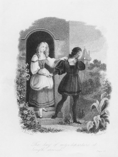 Päivän lähtöpäivä saapui, etukappale Mary Shelleyn (1797-1851) "Frankensteinista" William Chevalierin (1804-66) kaiverruksesta tekijältä Theodor M. von Holst