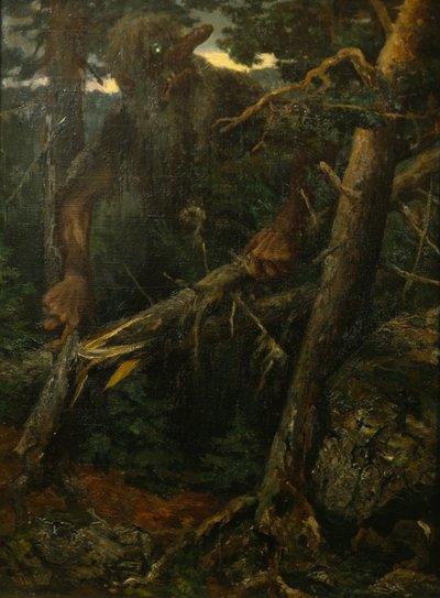 Vanha peikko katkaisee puita metsässä tekijältä Theodor Kittelsen