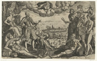 Oranjen ja Alvan vertailu, taustalla Espanjan raivo, n. 1577 tekijältä Theodor de Bry (attributed to)