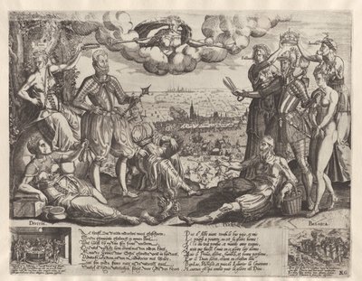 Oranjen ja Alvan vertailu, taustalla Espanjan raivo, n. 1577 tekijältä Theodor de Bry (attributed to)