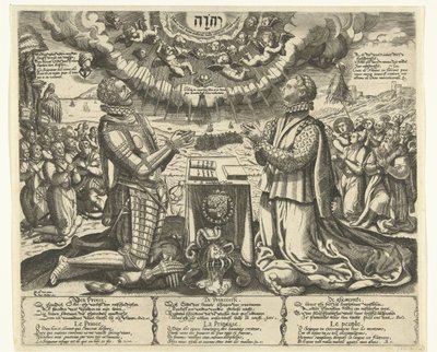William of Orange ja Charlotte of Bourbon polvillaan maisemassa tekijältä Theodor de Bry (attributed to)