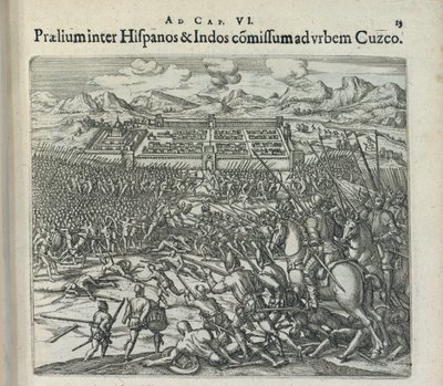 Taistelu espanjalaisten ja intiaanien välillä Cuzcon porteilla, 1596. tekijältä Theodor de Bry