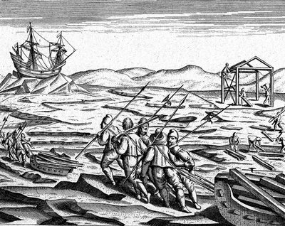 Talven rakentaminen pohjoisnavalle, n. 1600 (kaiverrus) tekijältä Theodor de Bry